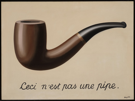 a painting of a pipe, with a painted caption that says "this is not a pipe" ("ceci n'est pas une pipe")